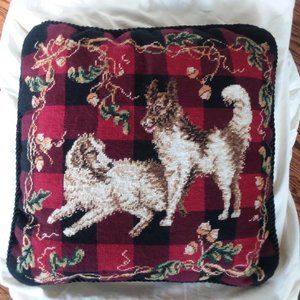 Large Embroidered Needlepoint Pillow Dogs Spitz Curled Tail Buffalo Plaid 18"x18